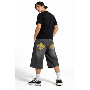 Y2K Evolution In Design Denim Shorts 44 Baggy Skate Gothic Fleur De Lis